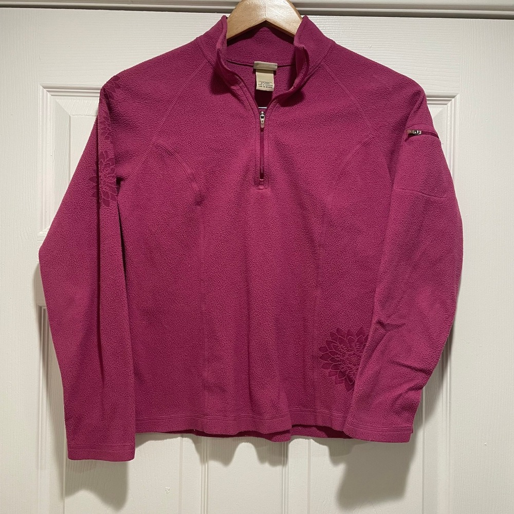 LL Bean Womens Fleece Pullover XS Pink Polyester Quarter Zip Floral Embroidery
